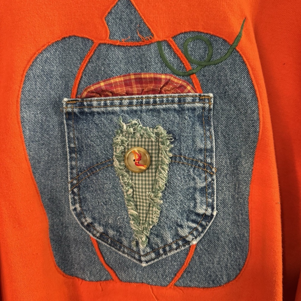 LADIES LONG SLEEVE SWEATSHIRT Orange JEAN Patchwork pocket Apple XL - Picture 3 of 6